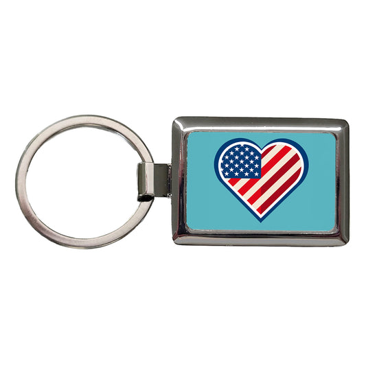 American Flag in Heart Patriotic USA United States Rectangle Metal Keychain