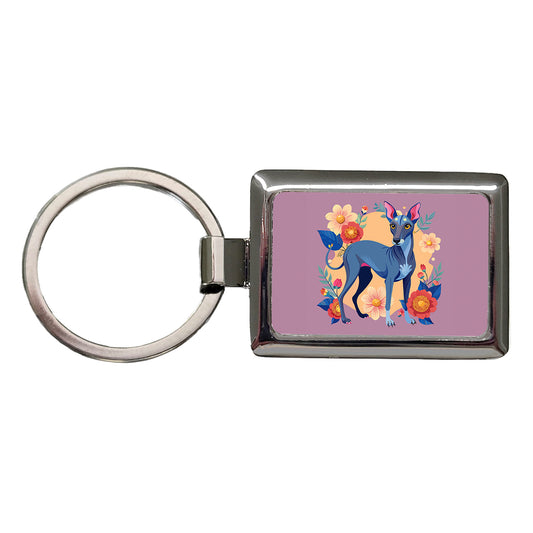 American Hairless Terrier Dog Floral Flowers Rectangle Metal Keychain