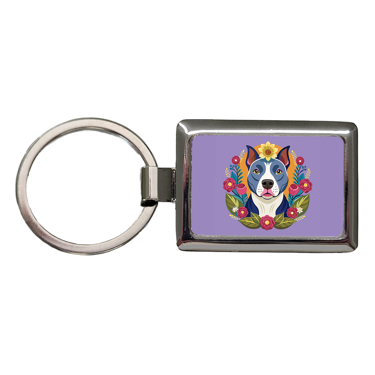 American Pit Bull Terrier Dog Floral Flowers Rectangle Metal Keychain