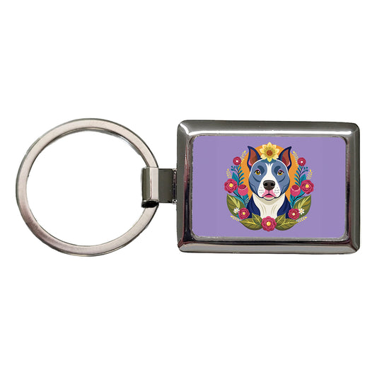 American Pit Bull Terrier Dog Floral Flowers Rectangle Metal Keychain