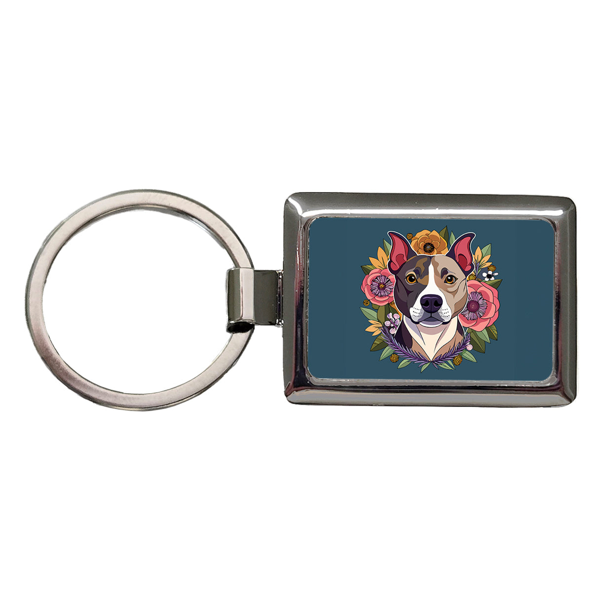 American Staffordshire Terrier Dog Floral Flowers Rectangle Metal Keychain