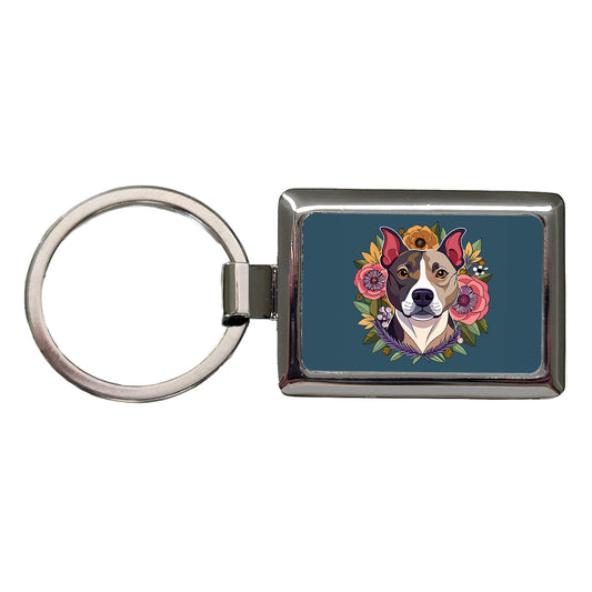 American Staffordshire Terrier Dog Floral Flowers Rectangle Metal Keychain