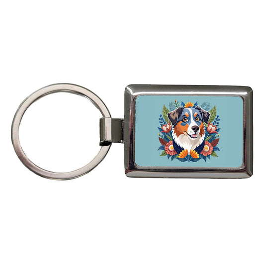 Australian Shepherd Dog Floral Flowers Rectangle Metal Keychain