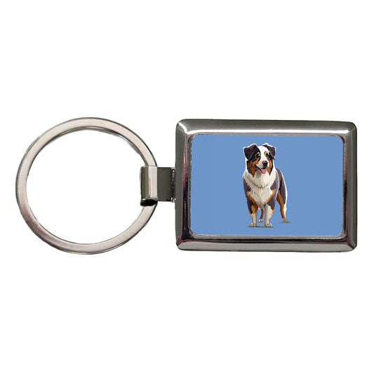 Australian Shepherd Dog Standing Rectangle Metal Keychain
