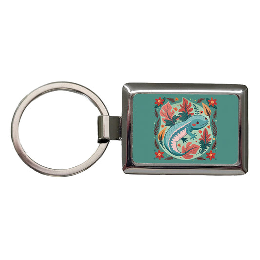 Axolotl Floral Motif Rectangle Metal Keychain