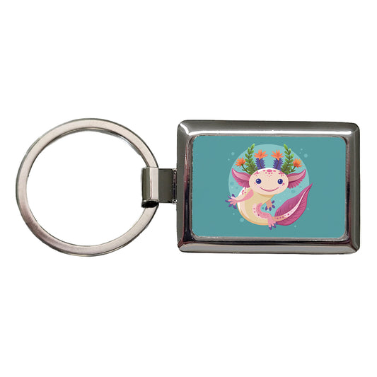 Axolotl Head Floral Flowers Rectangle Metal Keychain