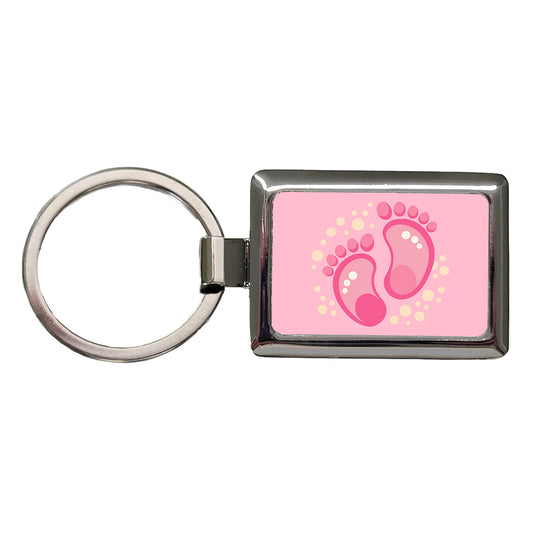 Baby Footprints Pink Rectangle Metal Keychain