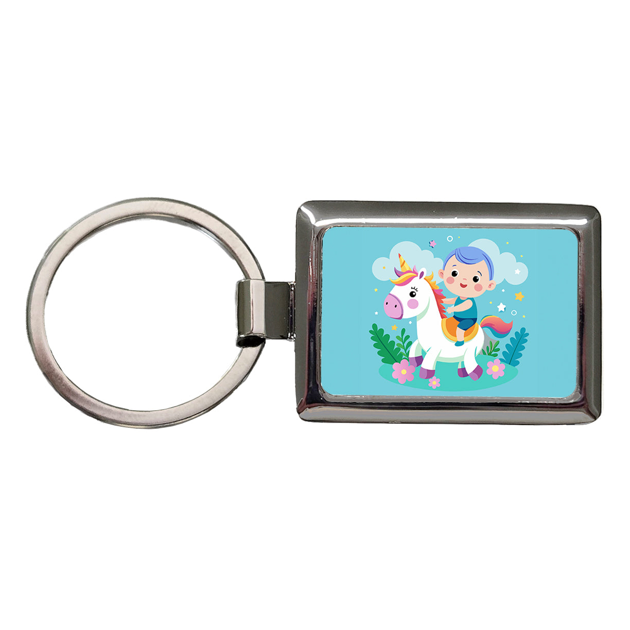 Baby Riding Unicorn Cute Funny Rectangle Metal Keychain