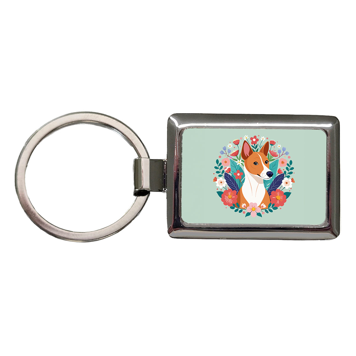 Basenji Dog Floral Flowers Rectangle Metal Keychain