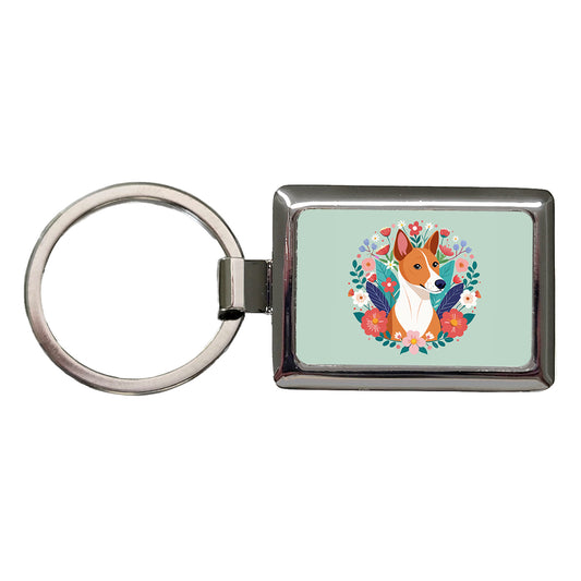 Basenji Dog Floral Flowers Rectangle Metal Keychain