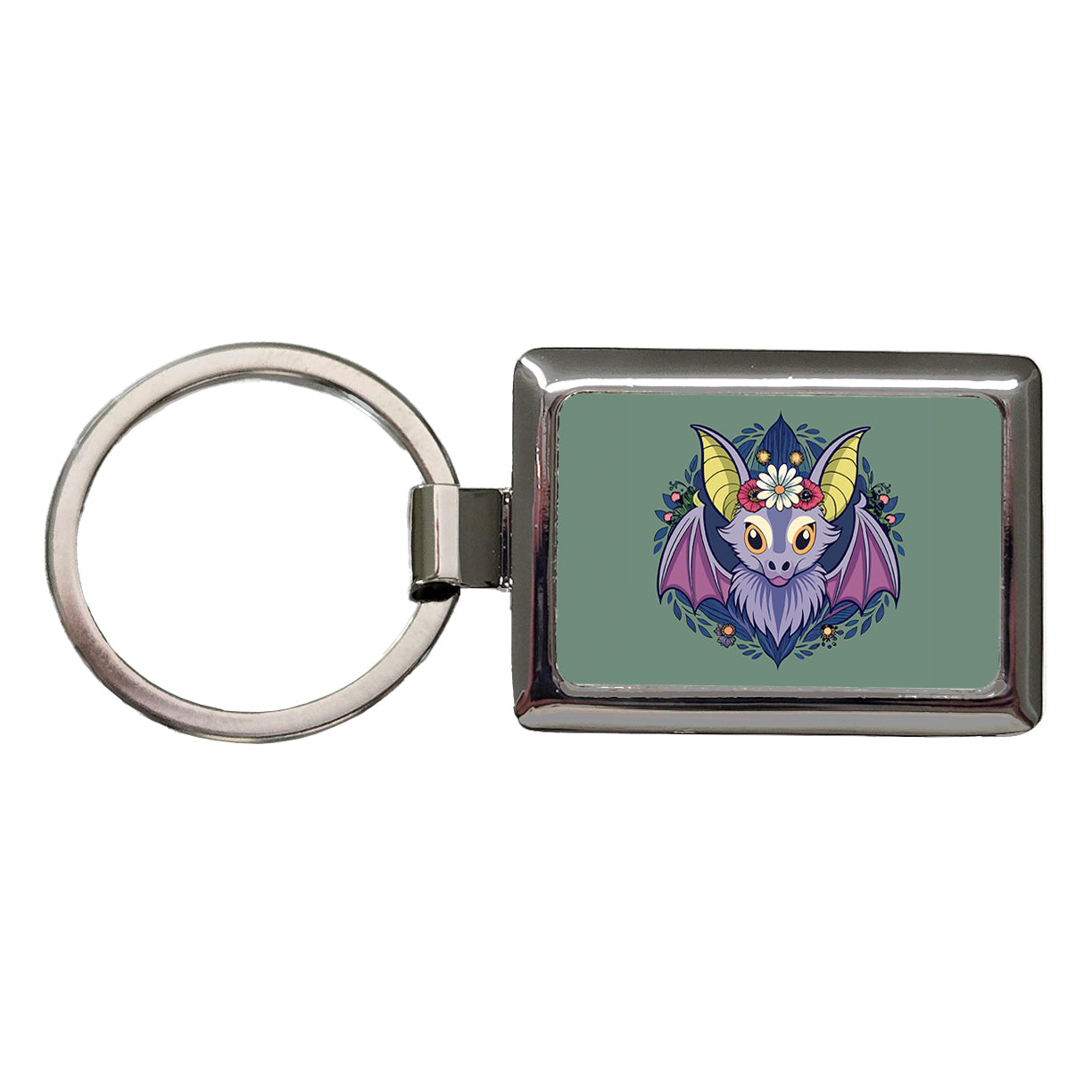 Bat Floral Flowers Halloween Rectangle Metal Keychain