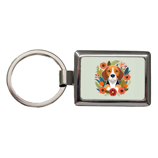 Beagle Dog Floral Flowers Rectangle Metal Keychain