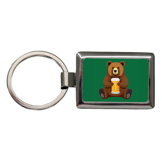Bear Drinking Beer Sitting Funny Rectangle Metal Keychain