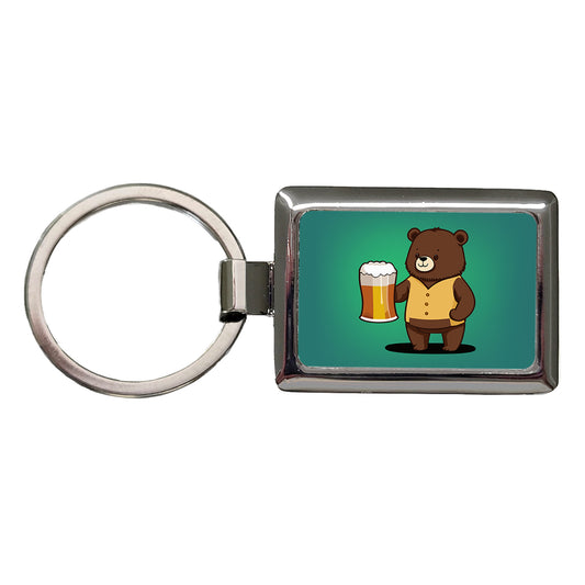 Bear Drinking Beer Standing Funny Rectangle Metal Keychain