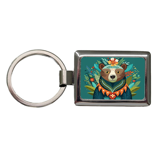 Bear Floral Flowers Rectangle Metal Keychain
