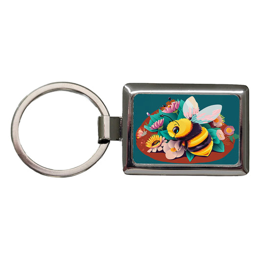 Bee and Flowers Floral Rectangle Metal Keychain