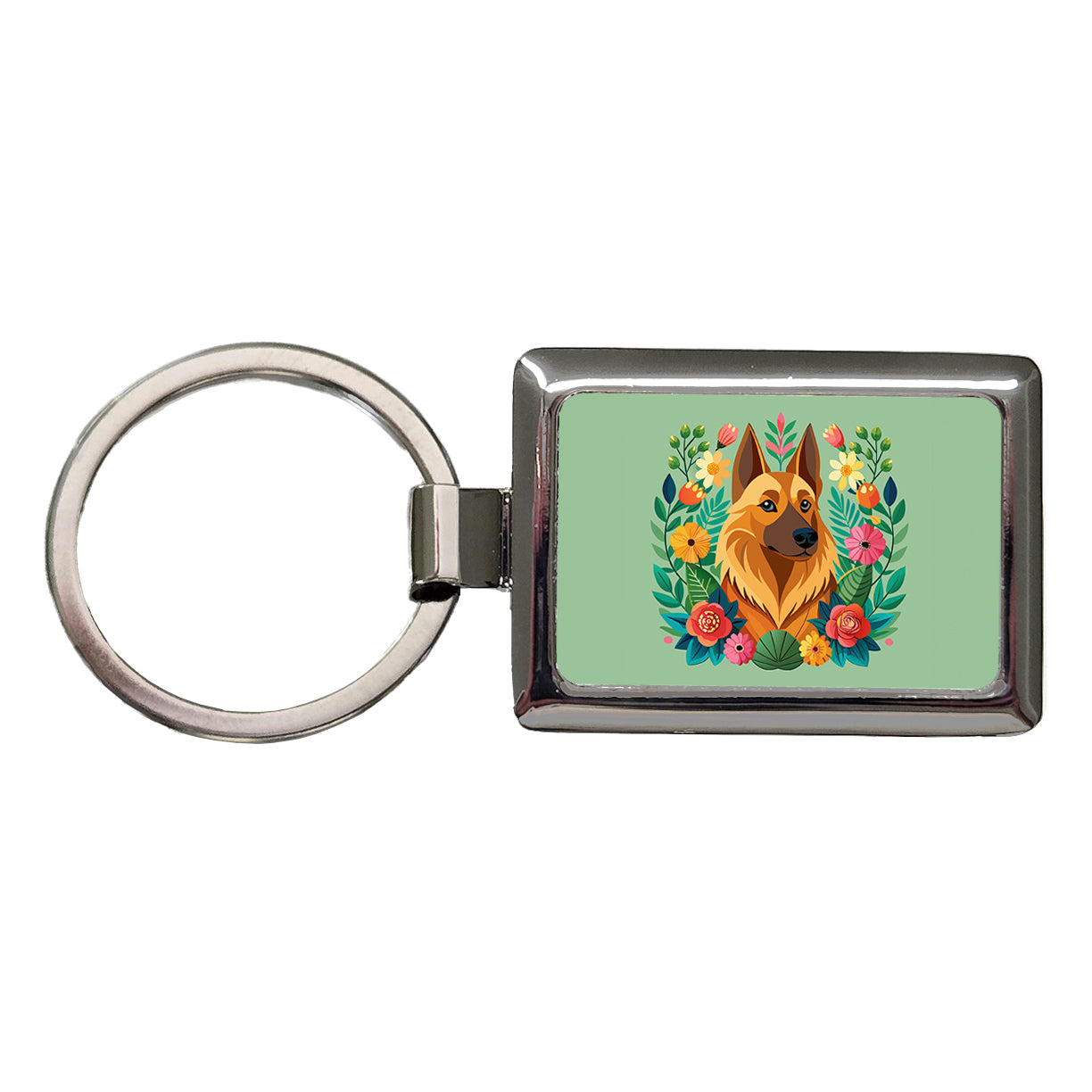 Belgian Shepherd Dog Floral Flowers Rectangle Metal Keychain