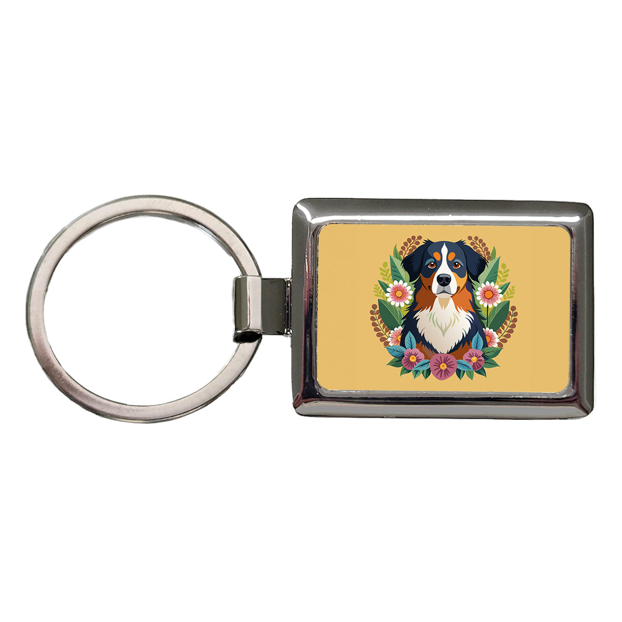 Bernese Mountain Dog Floral Flowers Rectangle Metal Keychain