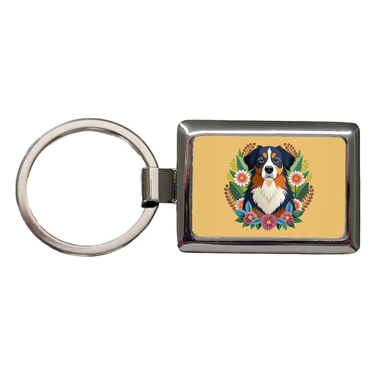 Bernese Mountain Dog Floral Flowers Rectangle Metal Keychain