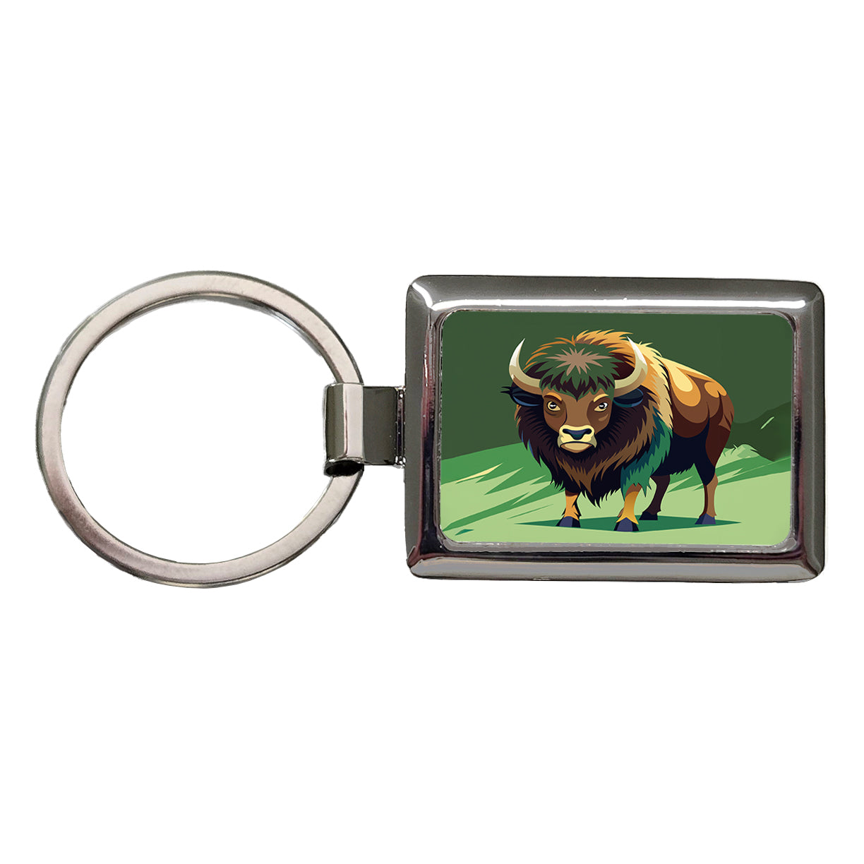 Bison Staring Rectangle Metal Keychain
