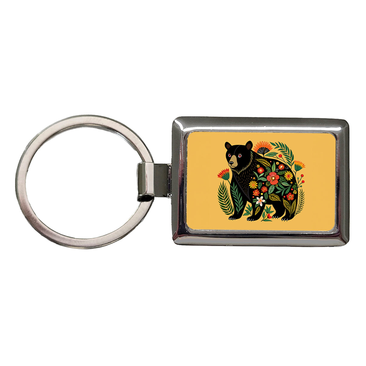 Black Bear Floral Motif Rectangle Metal Keychain