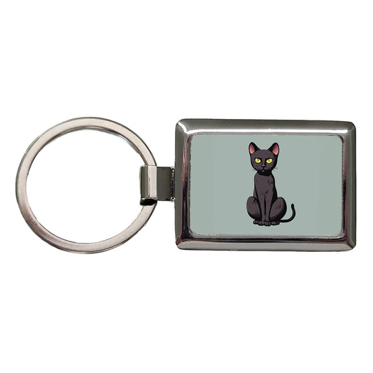 Black Bombay Cat Sitting Rectangle Metal Keychain