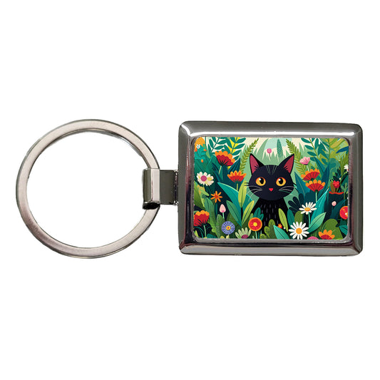 Black Cat Hiding in Flower Garden Rectangle Metal Keychain