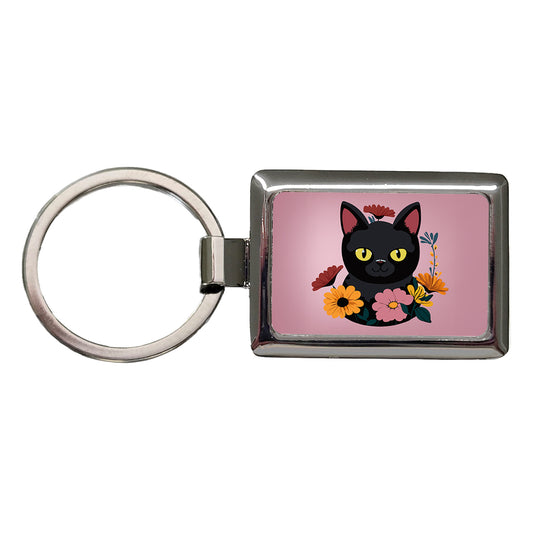 Black Cat in Flowers Rectangle Metal Keychain