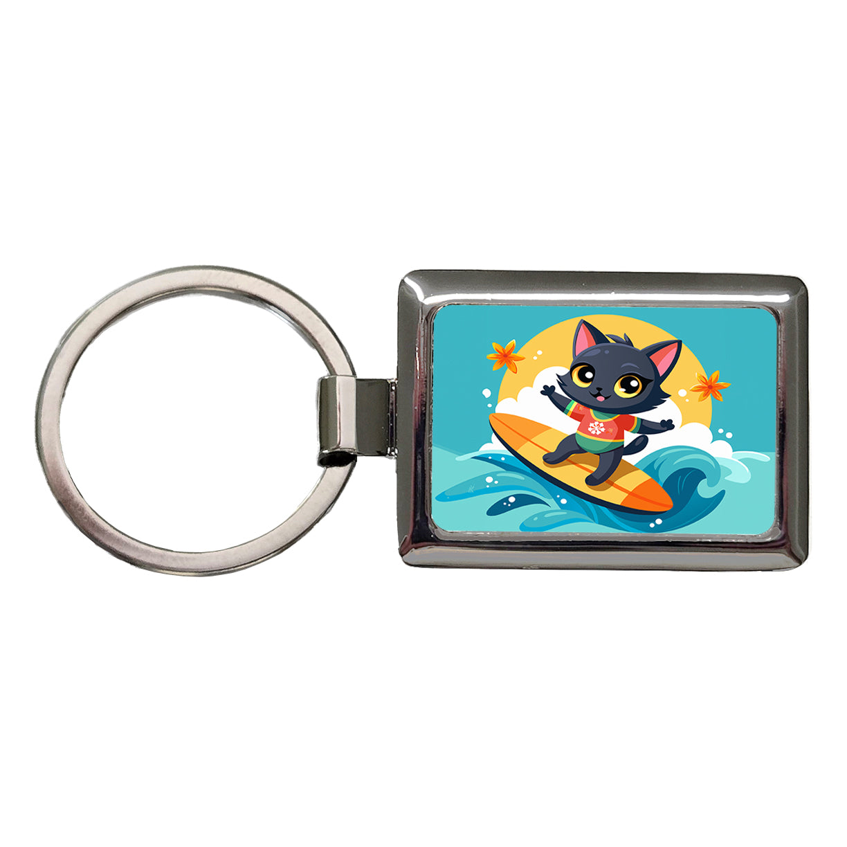 Black Cat Kitty Girl Surfing Rectangle Metal Keychain