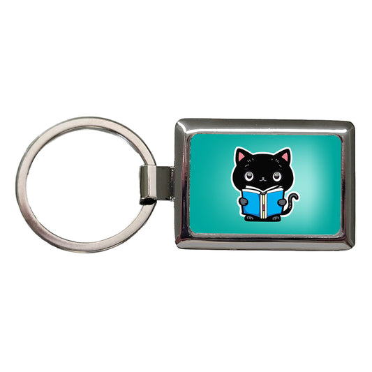 Black Cat Reading Book Rectangle Metal Keychain