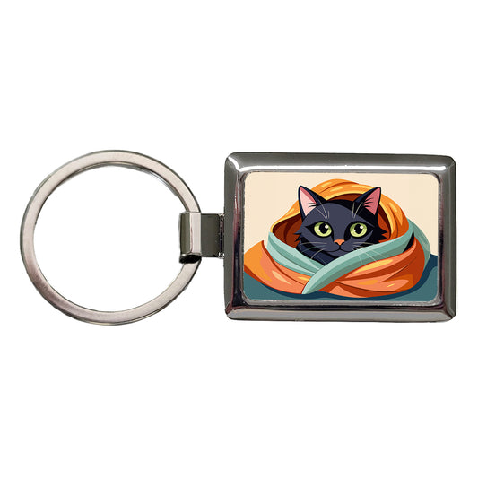 Black Cat Snuggling in Blanket Rectangle Metal Keychain