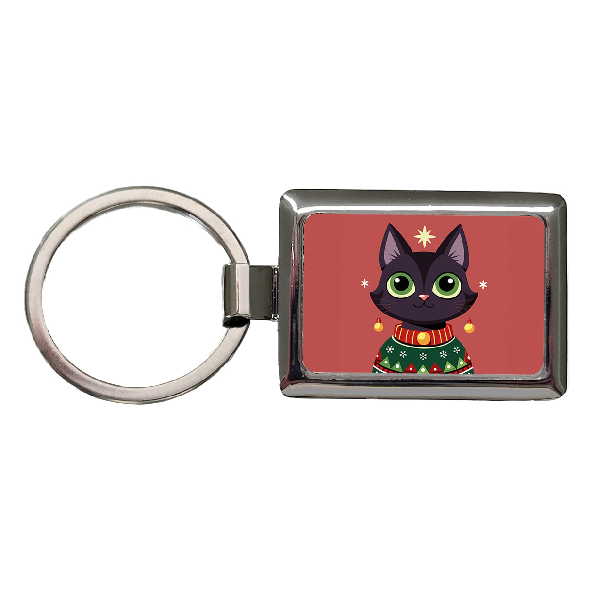 Black Cat Wearing Christmas Sweater Rectangle Metal Keychain