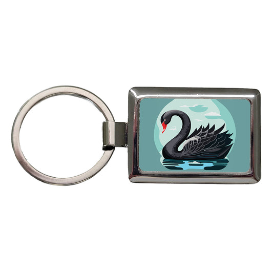 Black Swan Swimming Rectangle Metal Keychain