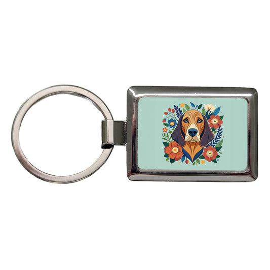 Bloodhound Dog Floral Flowers Rectangle Metal Keychain