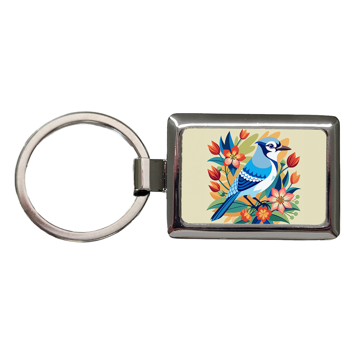 Blue Jay Floral Flowers Rectangle Metal Keychain