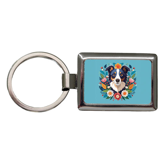 Border Collie Dog Floral Flowers Rectangle Metal Keychain