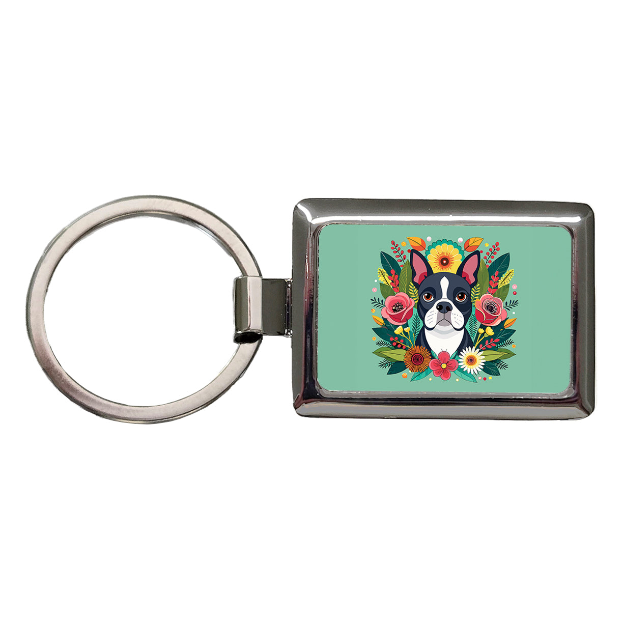 Boston Terrier Dog Floral Flowers Rectangle Metal Keychain