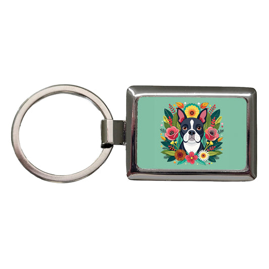 Boston Terrier Dog Floral Flowers Rectangle Metal Keychain