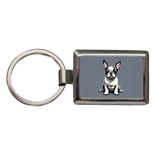Boston Terrier Dog Sitting Rectangle Metal Keychain