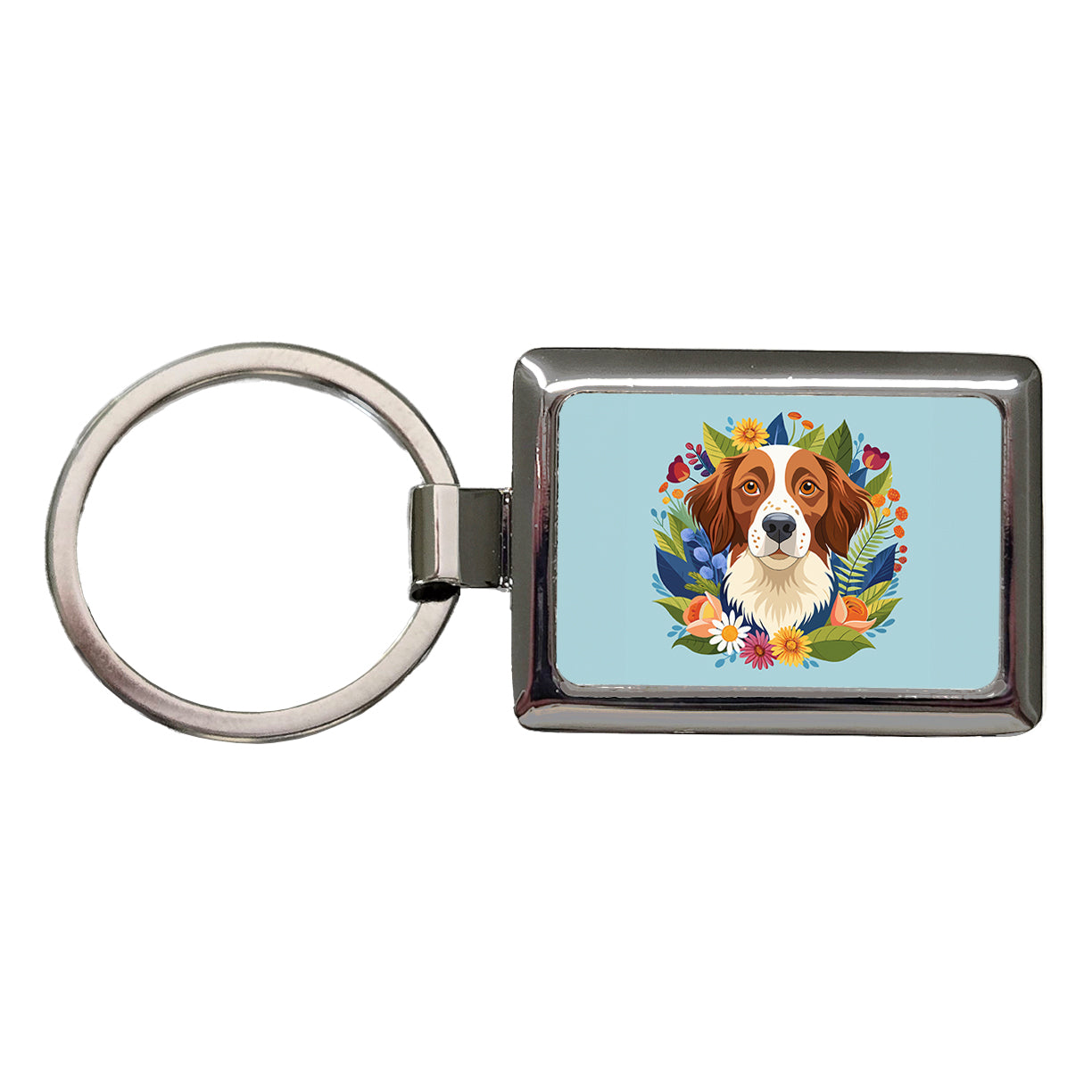 Brittany Spaniel Dog Floral Flowers Rectangle Metal Keychain
