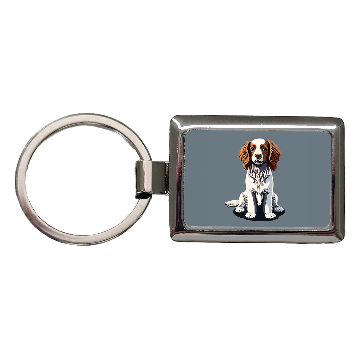 Brittany Spaniel Dog Sitting Rectangle Metal Keychain