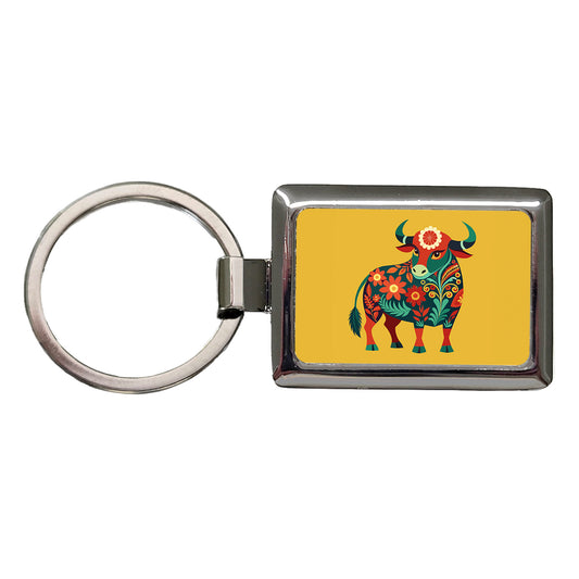 Bull Cow Floral Flowers Rectangle Metal Keychain