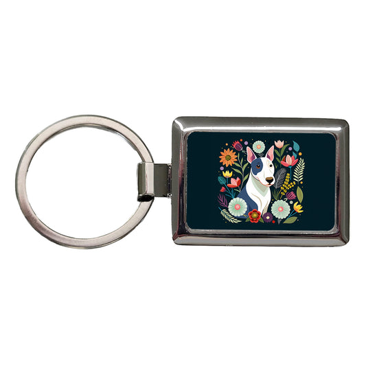 Bull Terrier Dog Floral Flowers Rectangle Metal Keychain
