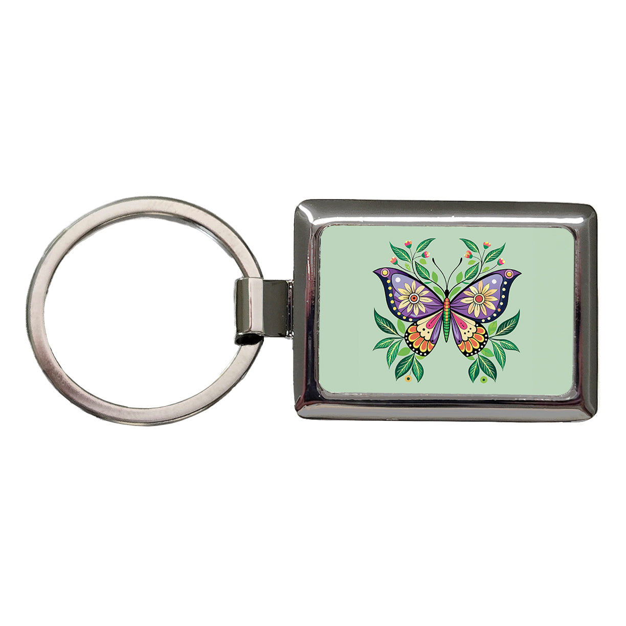 Butterfly Floral Flowers Rectangle Metal Keychain