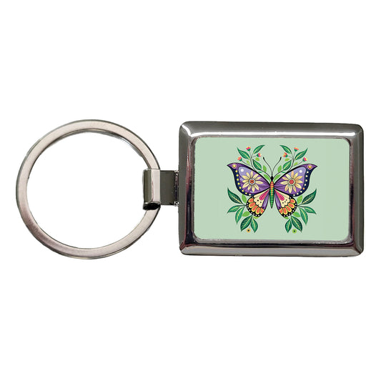 Butterfly Floral Flowers Rectangle Metal Keychain