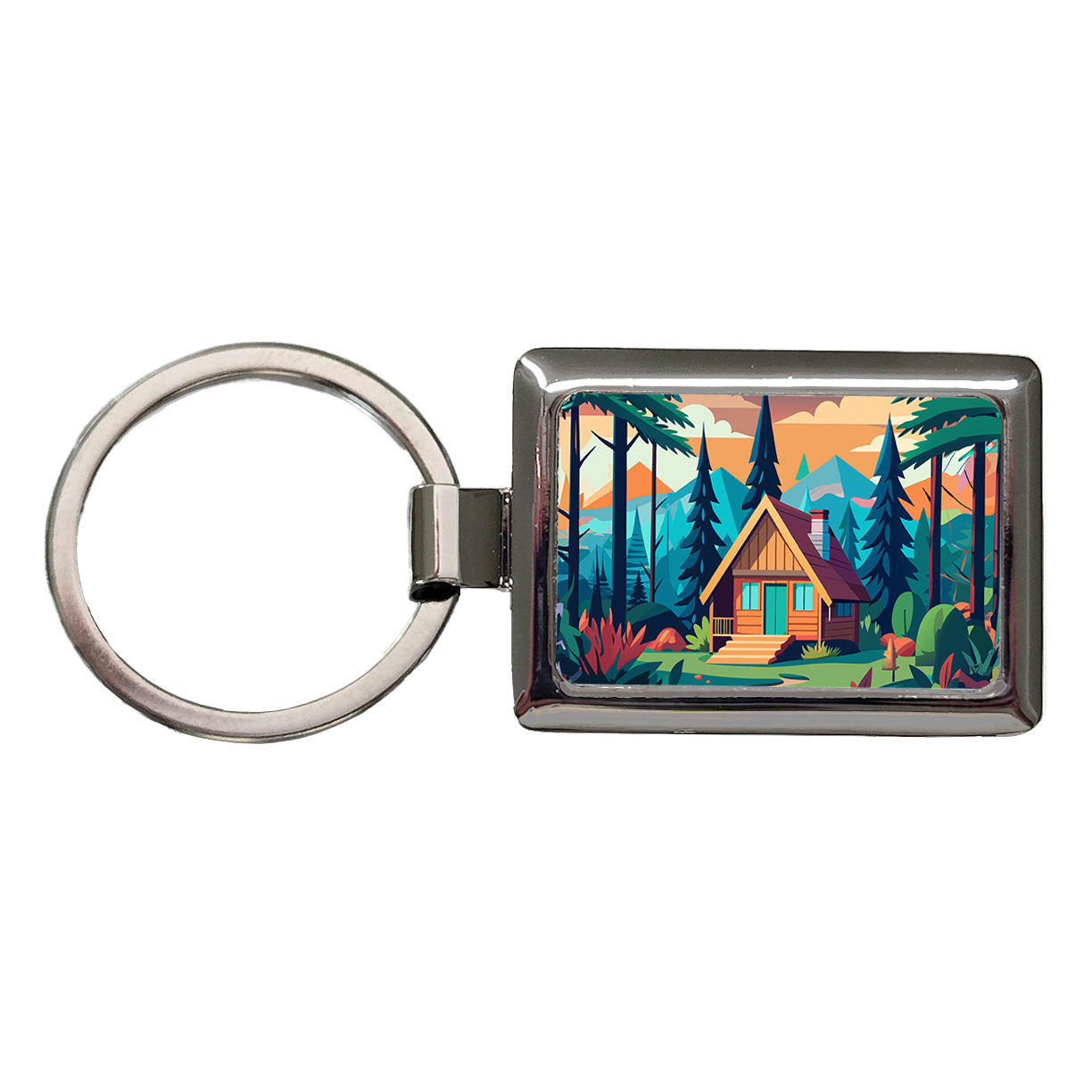 Cabin in the Forest Rustic Log Rectangle Metal Keychain