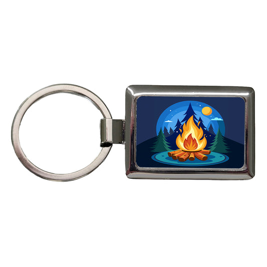 Camp Fire Camping Rectangle Metal Keychain