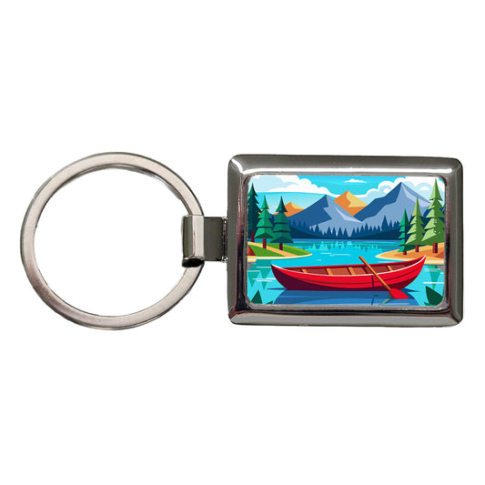 Canoe on Lake Red Rectangle Metal Keychain
