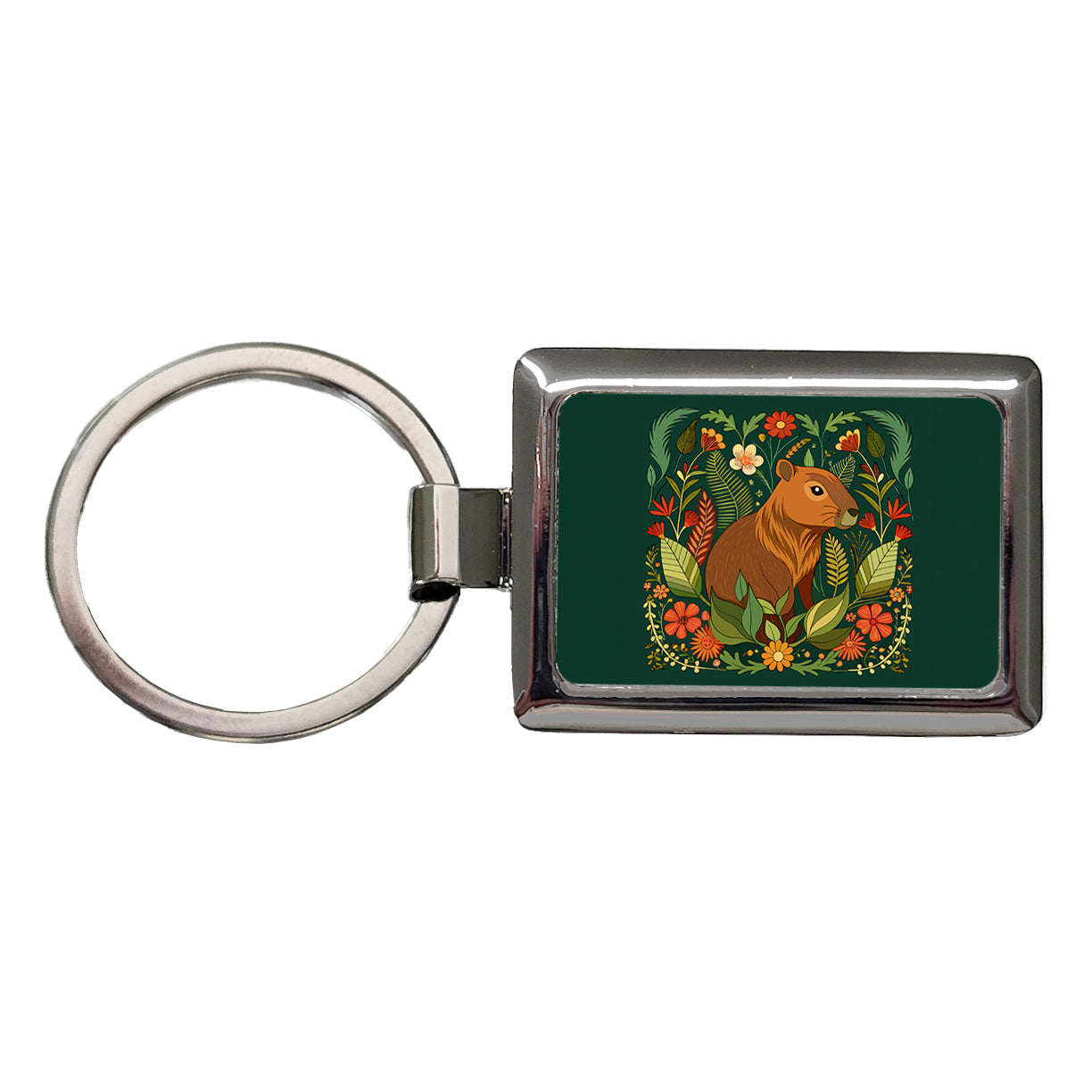 Capybara Botanical Art Nouveau Rectangle Metal Keychain