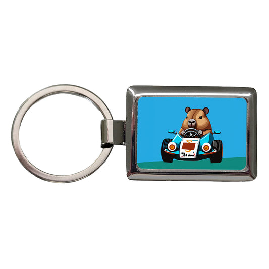 Capybara Driving Race Car Funny Rectangle Metal Keychain